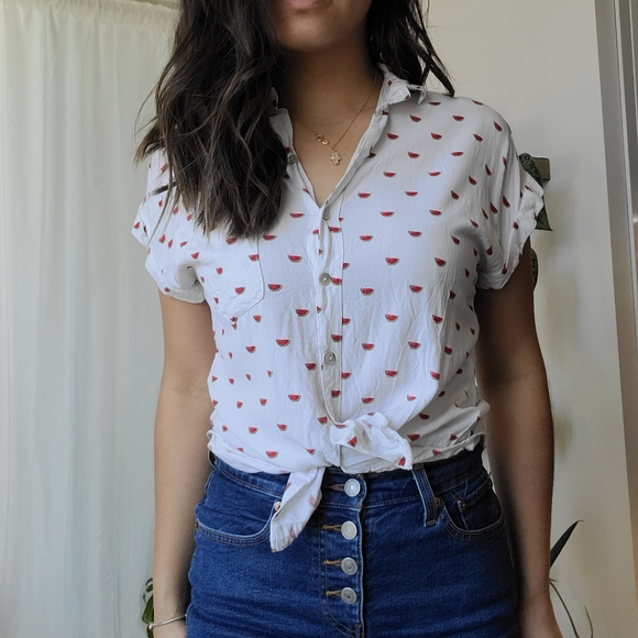 Watermelon summer button-down short sleeve blouse - Picture 3 of 3